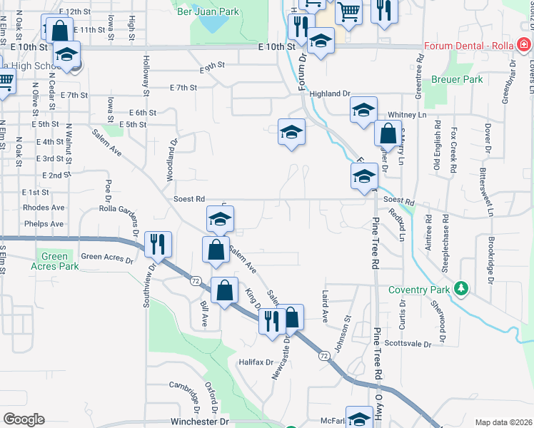 map of restaurants, bars, coffee shops, grocery stores, and more near 1101 Laguille Court in Rolla