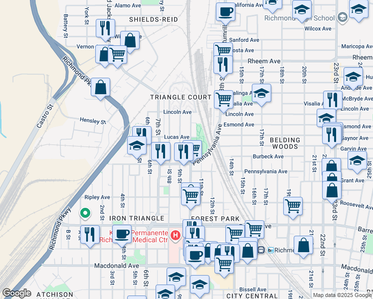 map of restaurants, bars, coffee shops, grocery stores, and more near 777 9th Street in Richmond