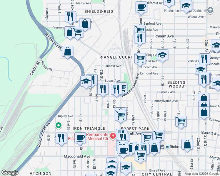 map of restaurants, bars, coffee shops, grocery stores, and more near 777 9th Street in Richmond