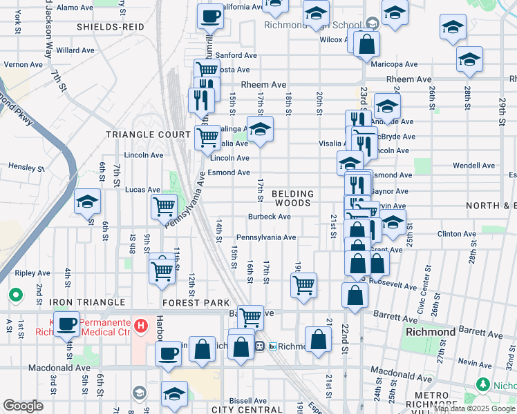 map of restaurants, bars, coffee shops, grocery stores, and more near 789 17th Street in Richmond