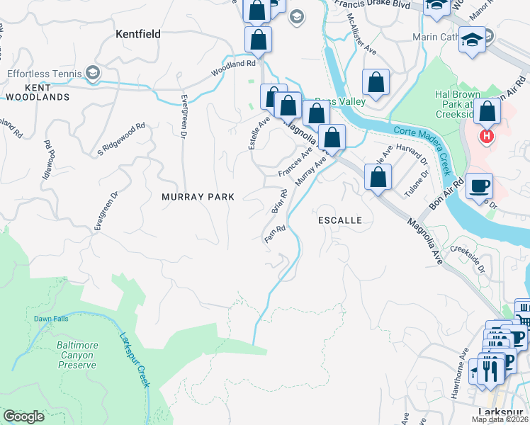 map of restaurants, bars, coffee shops, grocery stores, and more near 80 Black Log Road in Kentfield