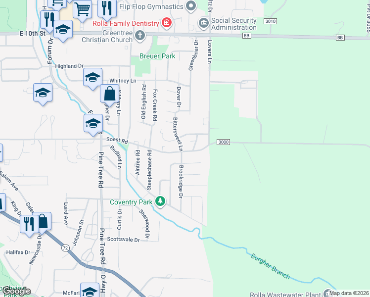 map of restaurants, bars, coffee shops, grocery stores, and more near 103 Bittersweet Lane in Rolla