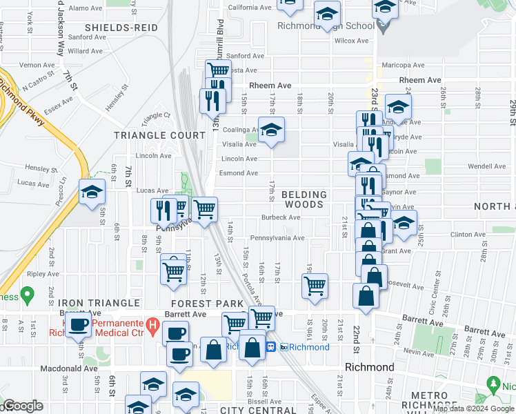 map of restaurants, bars, coffee shops, grocery stores, and more near 1536 Garvin Avenue in Richmond