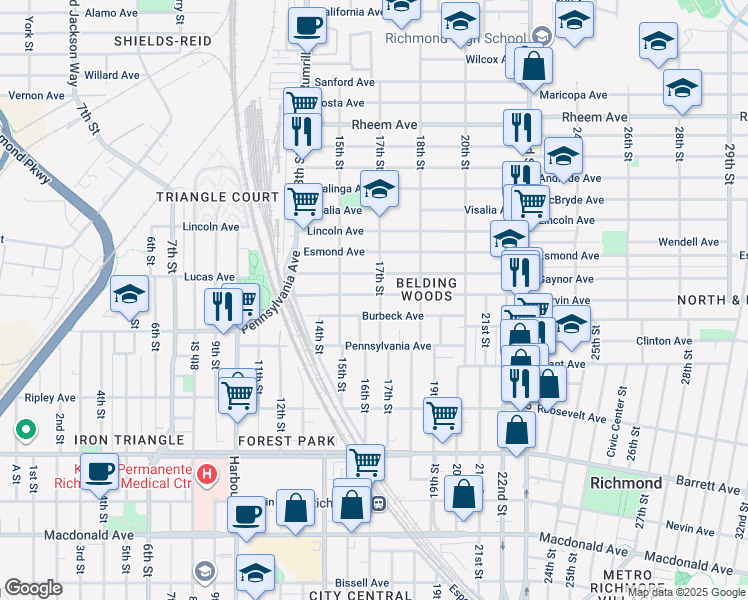 map of restaurants, bars, coffee shops, grocery stores, and more near 789 17th Street in Richmond