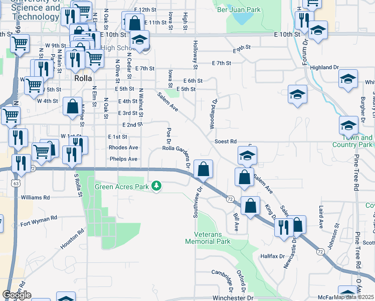 map of restaurants, bars, coffee shops, grocery stores, and more near 25 Rolla Gardens Drive in Rolla