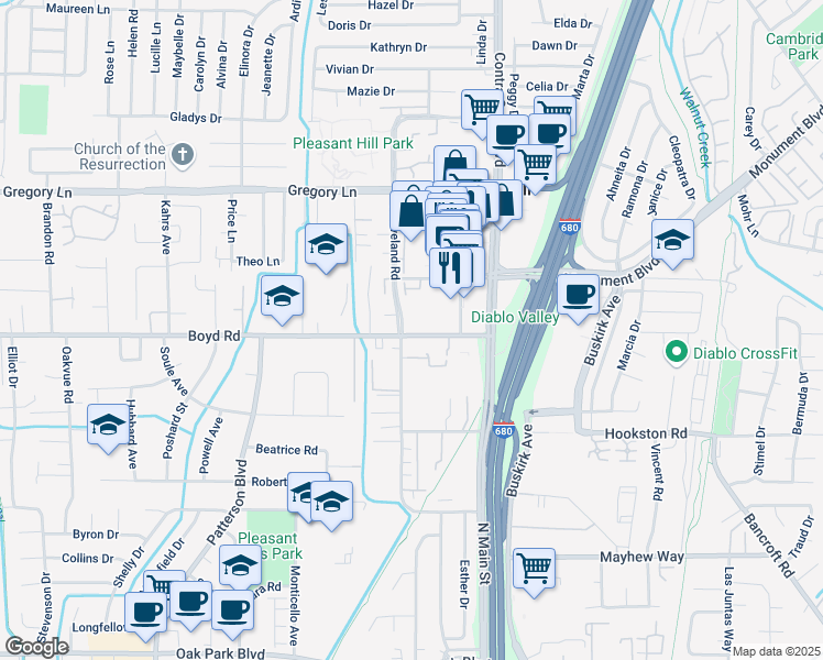 map of restaurants, bars, coffee shops, grocery stores, and more near 99 Cleaveland Road in Pleasant Hill