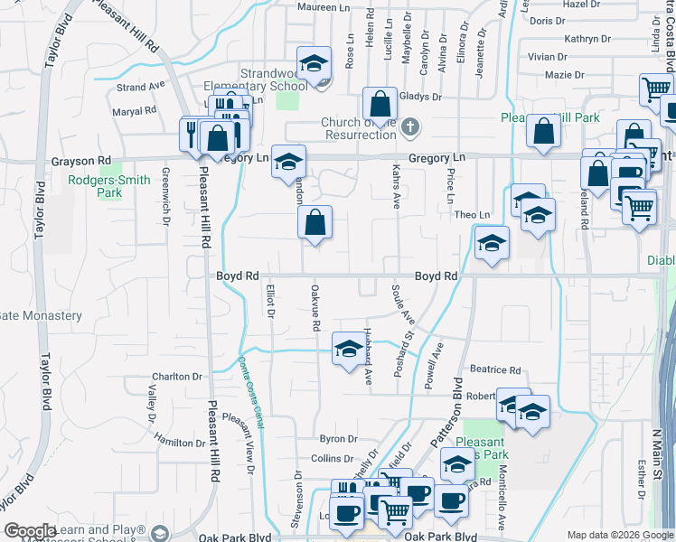 map of restaurants, bars, coffee shops, grocery stores, and more near 104 New Lane in Pleasant Hill