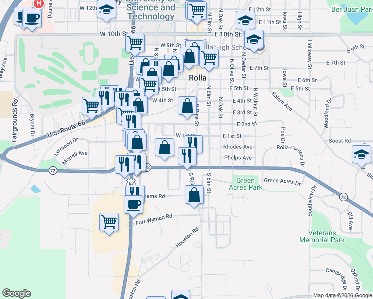 map of restaurants, bars, coffee shops, grocery stores, and more near 108 South Rolla Street in Rolla