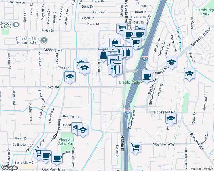 map of restaurants, bars, coffee shops, grocery stores, and more near 99 Cleaveland Road in Pleasant Hill