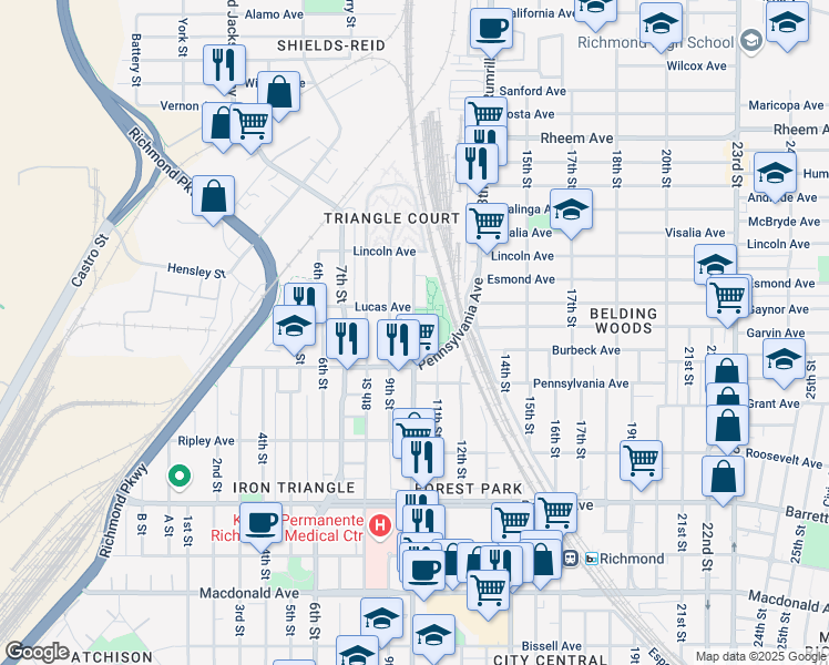 map of restaurants, bars, coffee shops, grocery stores, and more near 700-798 10th St in Richmond