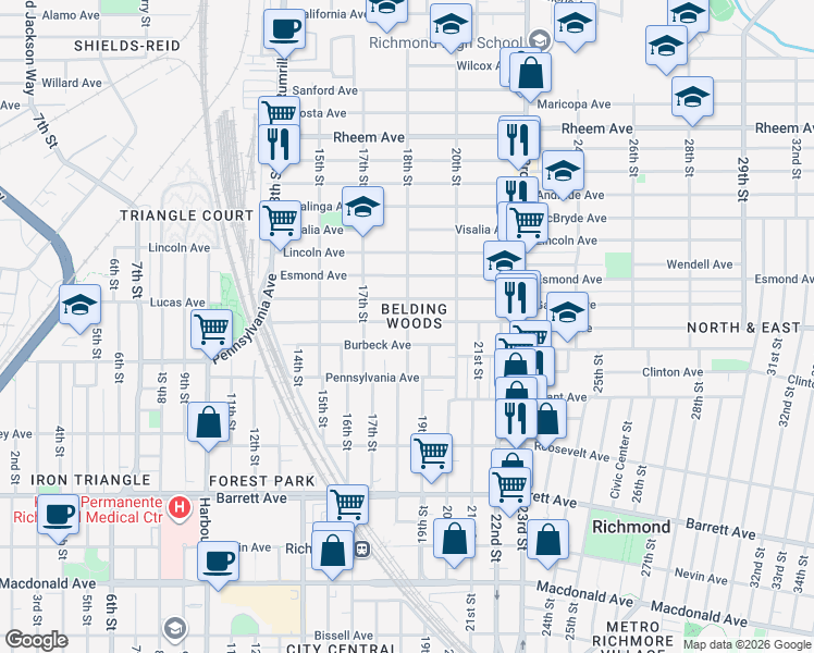 map of restaurants, bars, coffee shops, grocery stores, and more near 789 18th Street in Richmond