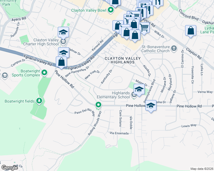 map of restaurants, bars, coffee shops, grocery stores, and more near 1282 Kansas Circle in Concord
