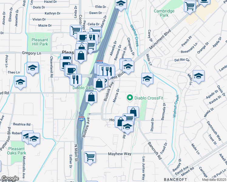 map of restaurants, bars, coffee shops, grocery stores, and more near 2379 Geraldine Drive in Pleasant Hill