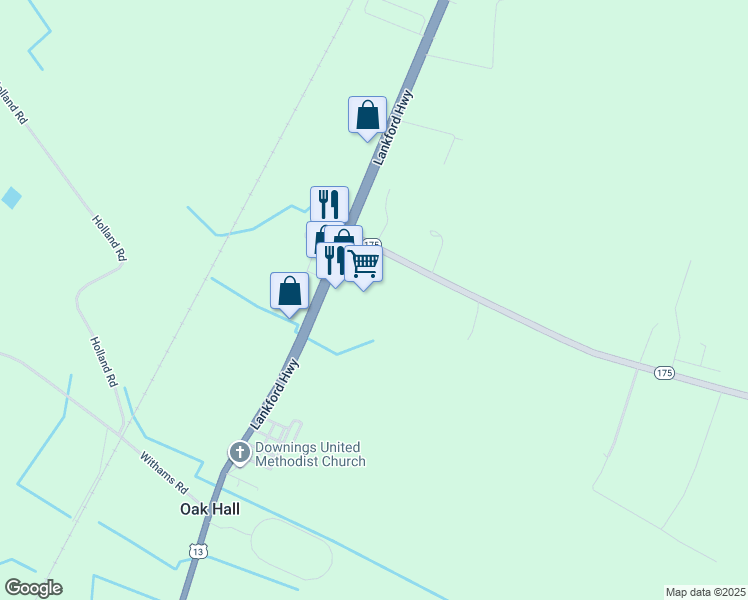 map of restaurants, bars, coffee shops, grocery stores, and more near 7013 Lankford Highway in Oak Hall