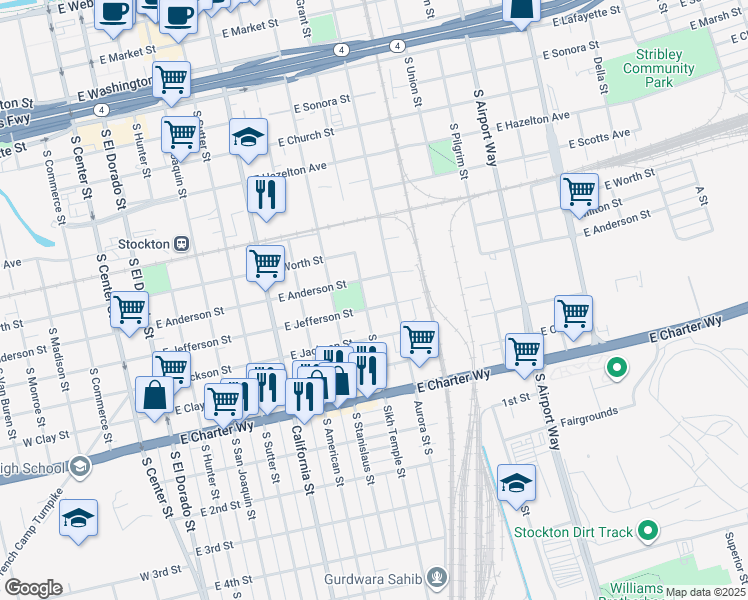 map of restaurants, bars, coffee shops, grocery stores, and more near 1012 South Grant Street in Stockton