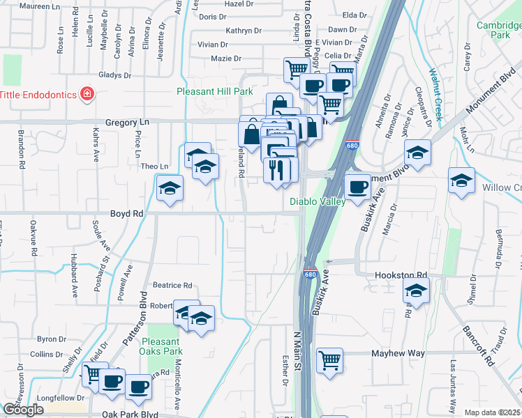 map of restaurants, bars, coffee shops, grocery stores, and more near 99 Cleaveland Road in Pleasant Hill