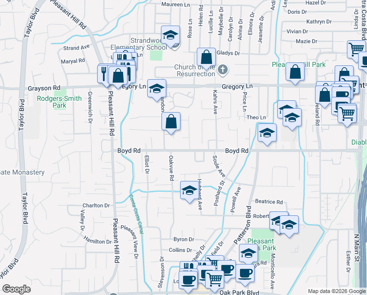 map of restaurants, bars, coffee shops, grocery stores, and more near 104 New Lane in Pleasant Hill