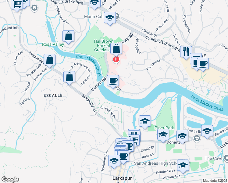 map of restaurants, bars, coffee shops, grocery stores, and more near 1321 South Eliseo Drive in Larkspur