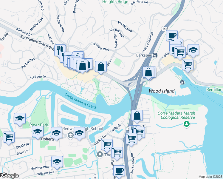 map of restaurants, bars, coffee shops, grocery stores, and more near 15 Drakes View Circle in Larkspur