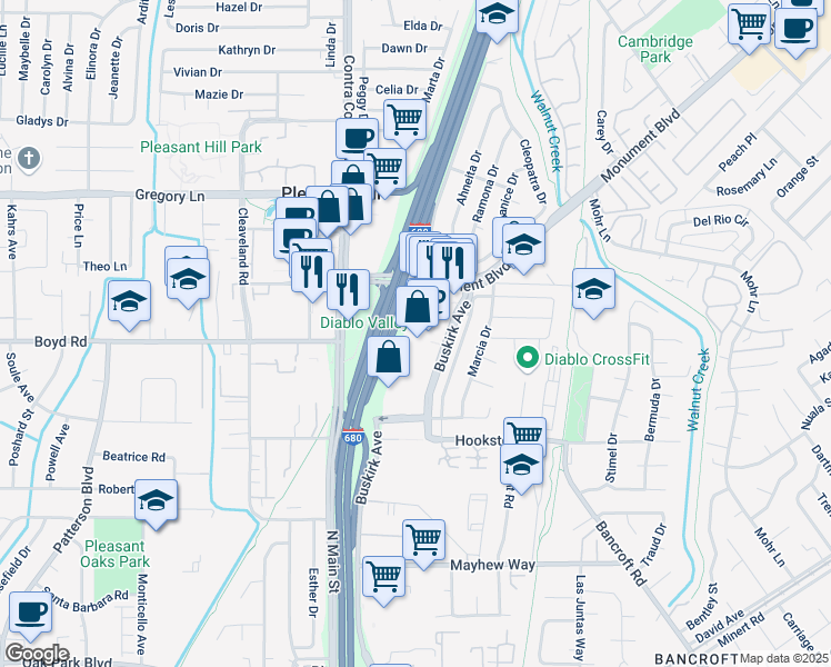 map of restaurants, bars, coffee shops, grocery stores, and more near 2314 Monument Boulevard in Pleasant Hill