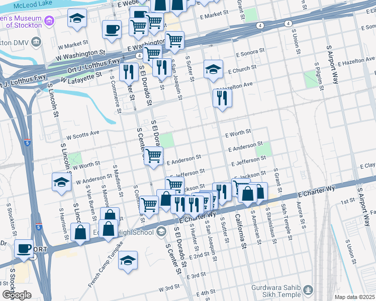 map of restaurants, bars, coffee shops, grocery stores, and more near 921 South San Joaquin Street in Stockton