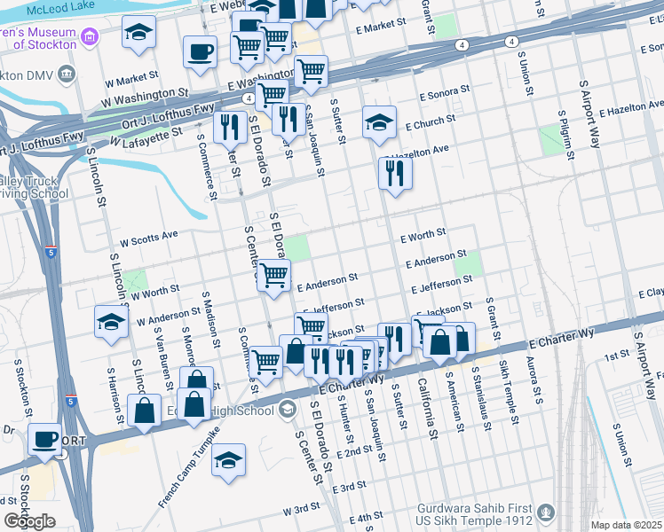 map of restaurants, bars, coffee shops, grocery stores, and more near 921 South San Joaquin Street in Stockton