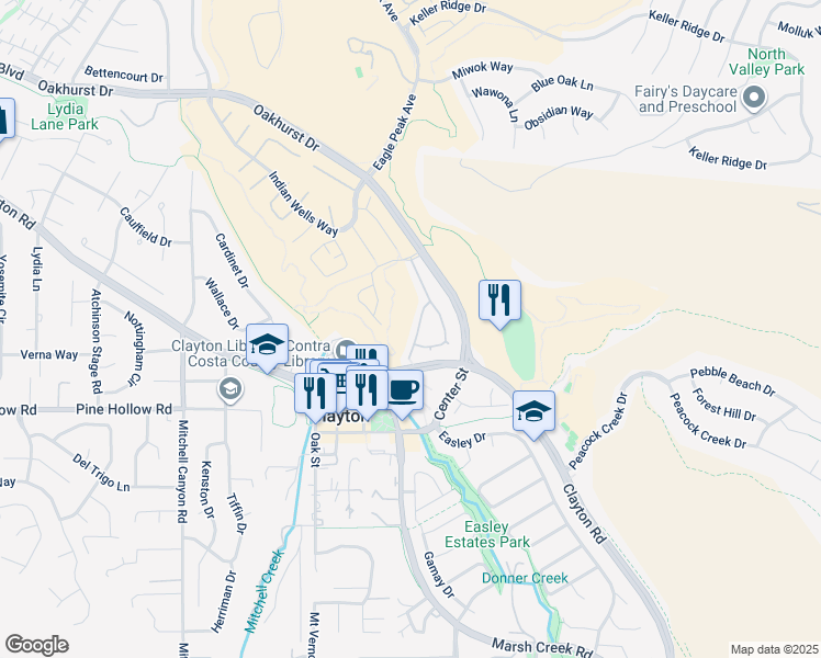 map of restaurants, bars, coffee shops, grocery stores, and more near 1278 Shell Circle in Clayton