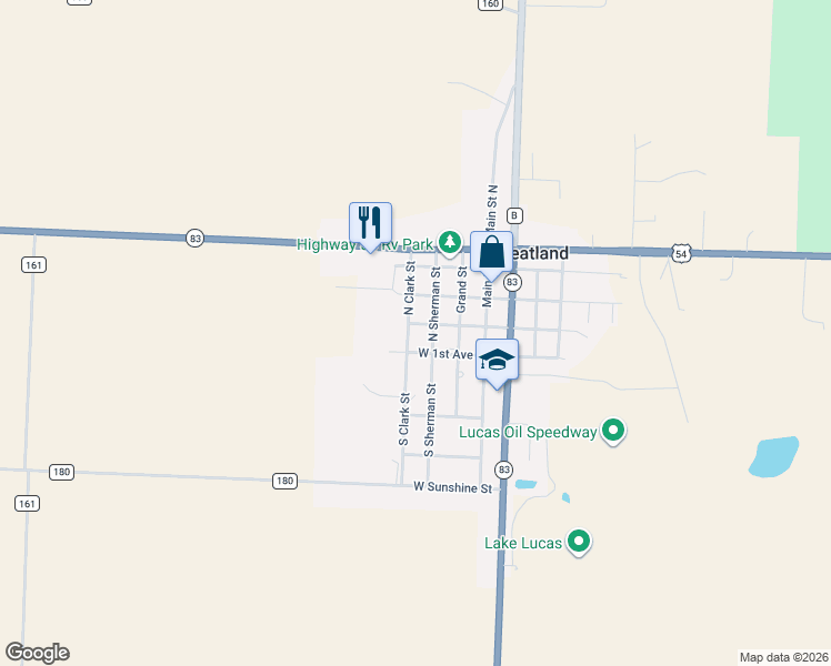 map of restaurants, bars, coffee shops, grocery stores, and more near W 2nd Ave in Wheatland