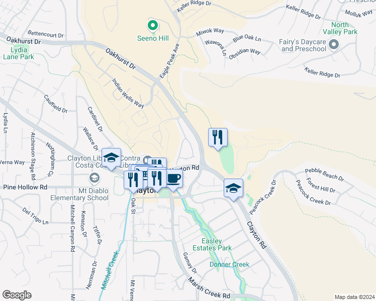 map of restaurants, bars, coffee shops, grocery stores, and more near 1334 Shell Lane in Clayton