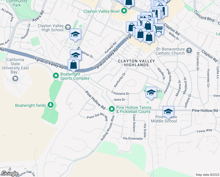 map of restaurants, bars, coffee shops, grocery stores, and more near 5471 Louisiana Drive in Concord