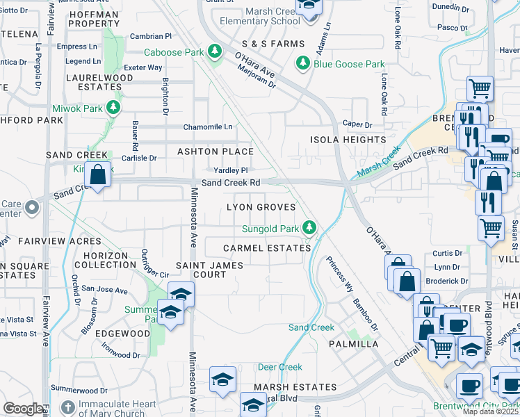 map of restaurants, bars, coffee shops, grocery stores, and more near 1279 Anjou Parkway in Brentwood