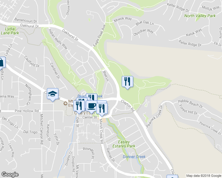 map of restaurants, bars, coffee shops, grocery stores, and more near 1338 Shell Lane in Clayton