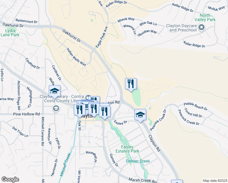 map of restaurants, bars, coffee shops, grocery stores, and more near 1338 Shell Lane in Clayton