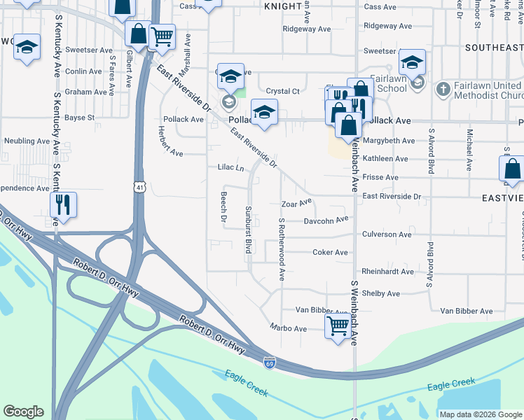 map of restaurants, bars, coffee shops, grocery stores, and more near 2399 Sunburst Boulevard in Evansville