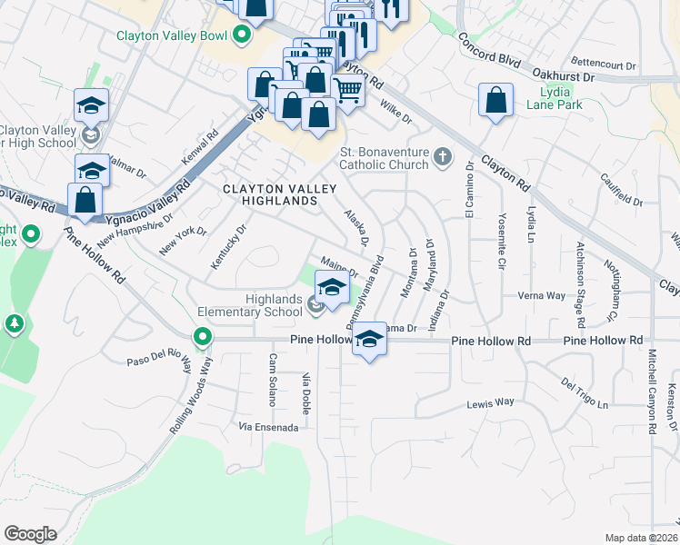 map of restaurants, bars, coffee shops, grocery stores, and more near 5533 Maine Drive in Concord