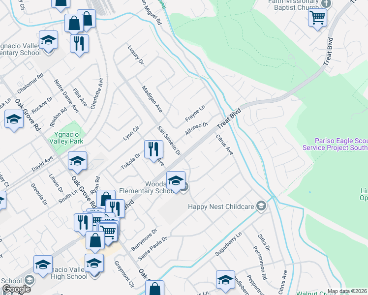 map of restaurants, bars, coffee shops, grocery stores, and more near 801 Augusta Court in Concord