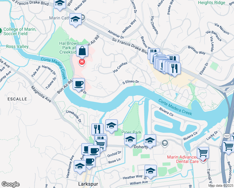 map of restaurants, bars, coffee shops, grocery stores, and more near 820 South Eliseo Drive in Larkspur