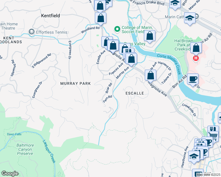 map of restaurants, bars, coffee shops, grocery stores, and more near 43 Briar Road in Kentfield