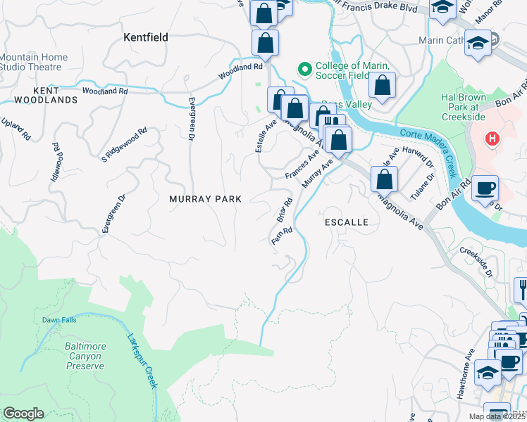 map of restaurants, bars, coffee shops, grocery stores, and more near 80 Black Log Road in Kentfield