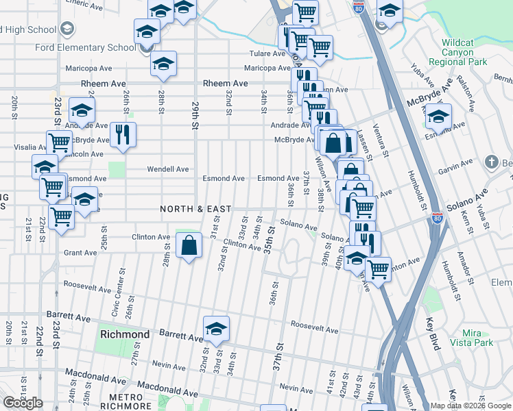 map of restaurants, bars, coffee shops, grocery stores, and more near 3319 Garvin Avenue in Richmond