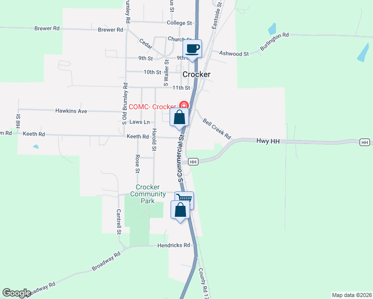 map of restaurants, bars, coffee shops, grocery stores, and more near 316 South Frisco Street in Crocker