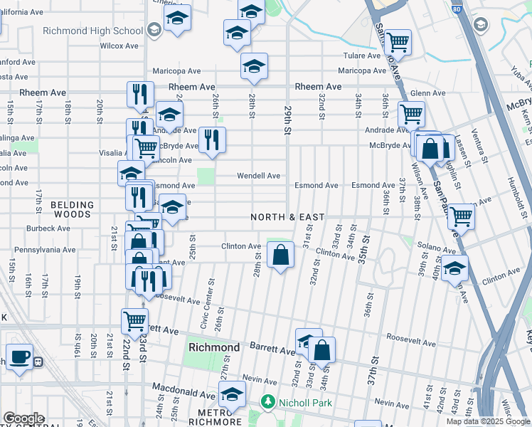 map of restaurants, bars, coffee shops, grocery stores, and more near 2835 Garvin Avenue in Richmond