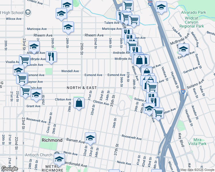 map of restaurants, bars, coffee shops, grocery stores, and more near 3319 Garvin Avenue in Richmond