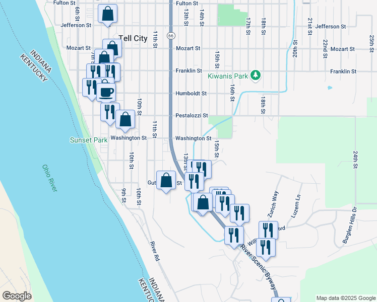 map of restaurants, bars, coffee shops, grocery stores, and more near 200 13th Street in Tell City