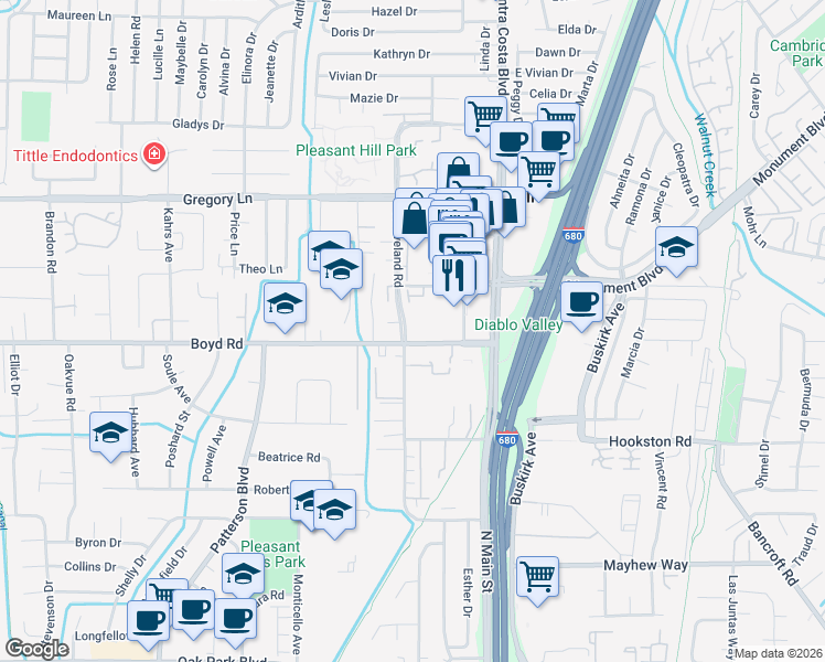 map of restaurants, bars, coffee shops, grocery stores, and more near 99 Cleaveland Road in Pleasant Hill