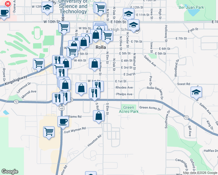 map of restaurants, bars, coffee shops, grocery stores, and more near 108 South Elm Street in Rolla