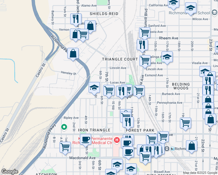 map of restaurants, bars, coffee shops, grocery stores, and more near 766 7th Street in Richmond