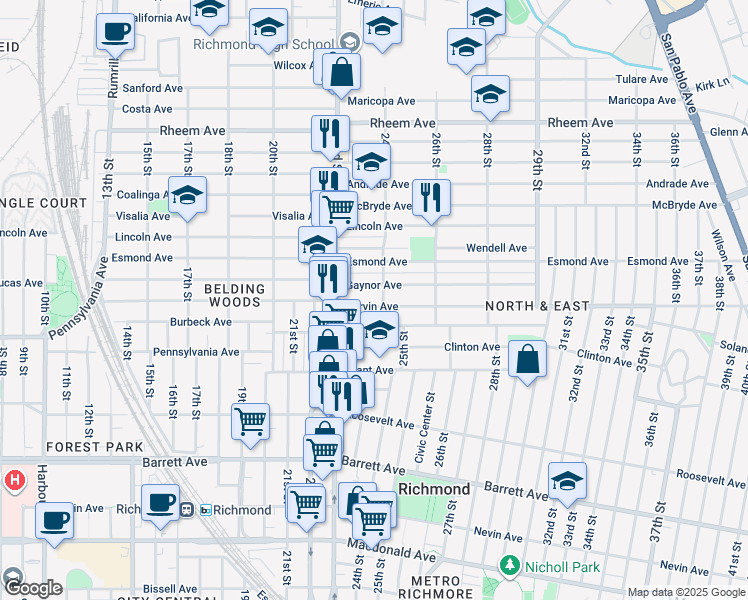 map of restaurants, bars, coffee shops, grocery stores, and more near 2373 Garvin Avenue in Richmond
