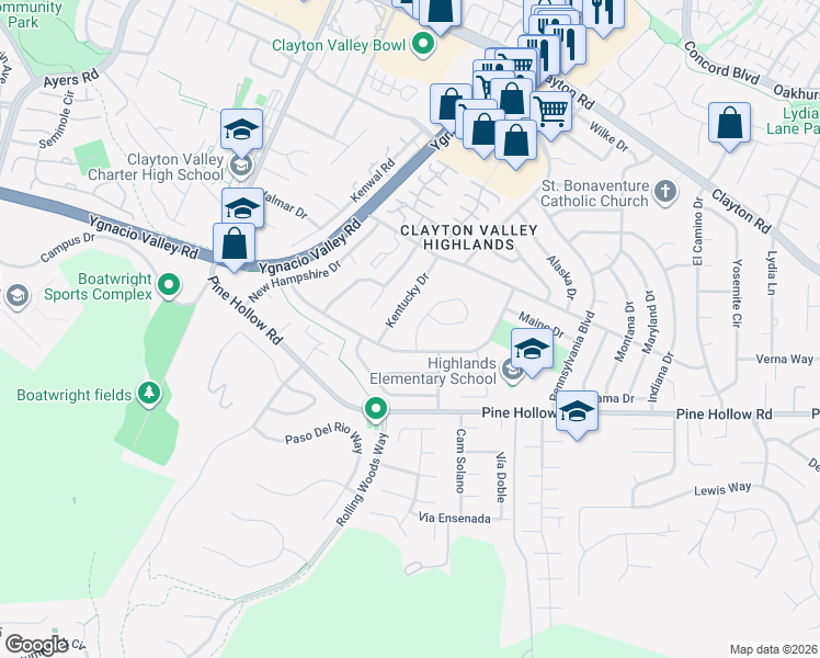 map of restaurants, bars, coffee shops, grocery stores, and more near 1282 Kansas Circle in Concord
