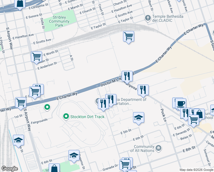 map of restaurants, bars, coffee shops, grocery stores, and more near 1550 South B Street in Stockton